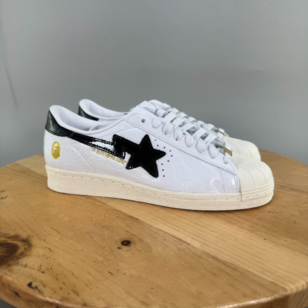 Mens 7 / Womens 8 - Adidas BAPE x Superstar Vintage Shoes White Black Gold NEW